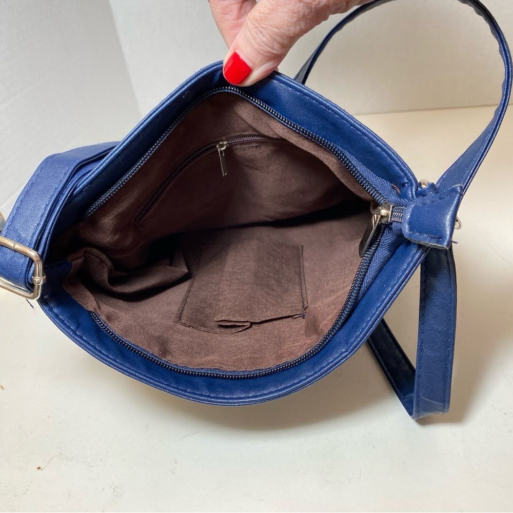 Leather Navy Blue Crossbody Purse Bag Silver Hardware 10” x 10” NWOT - Picture 3 of 6